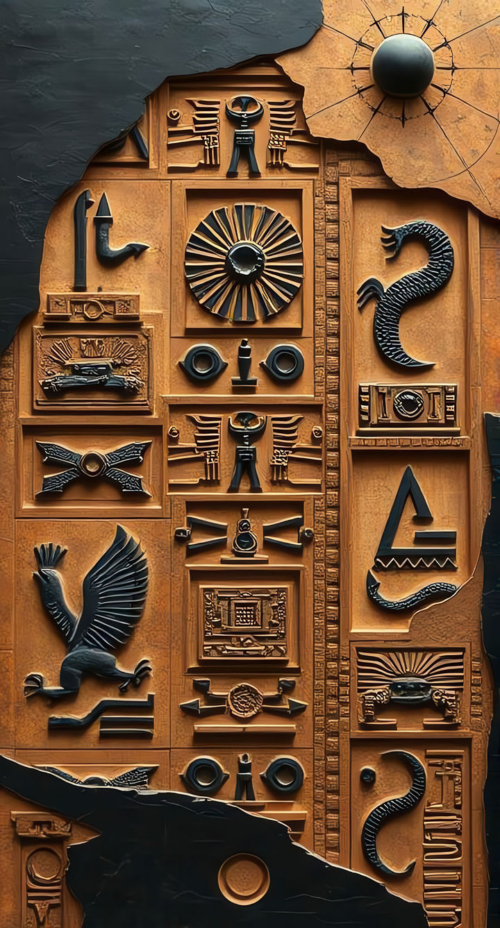 Ancient Egyptian hieroglyph relief canvas wall art with symbolic carvings in bronze tones