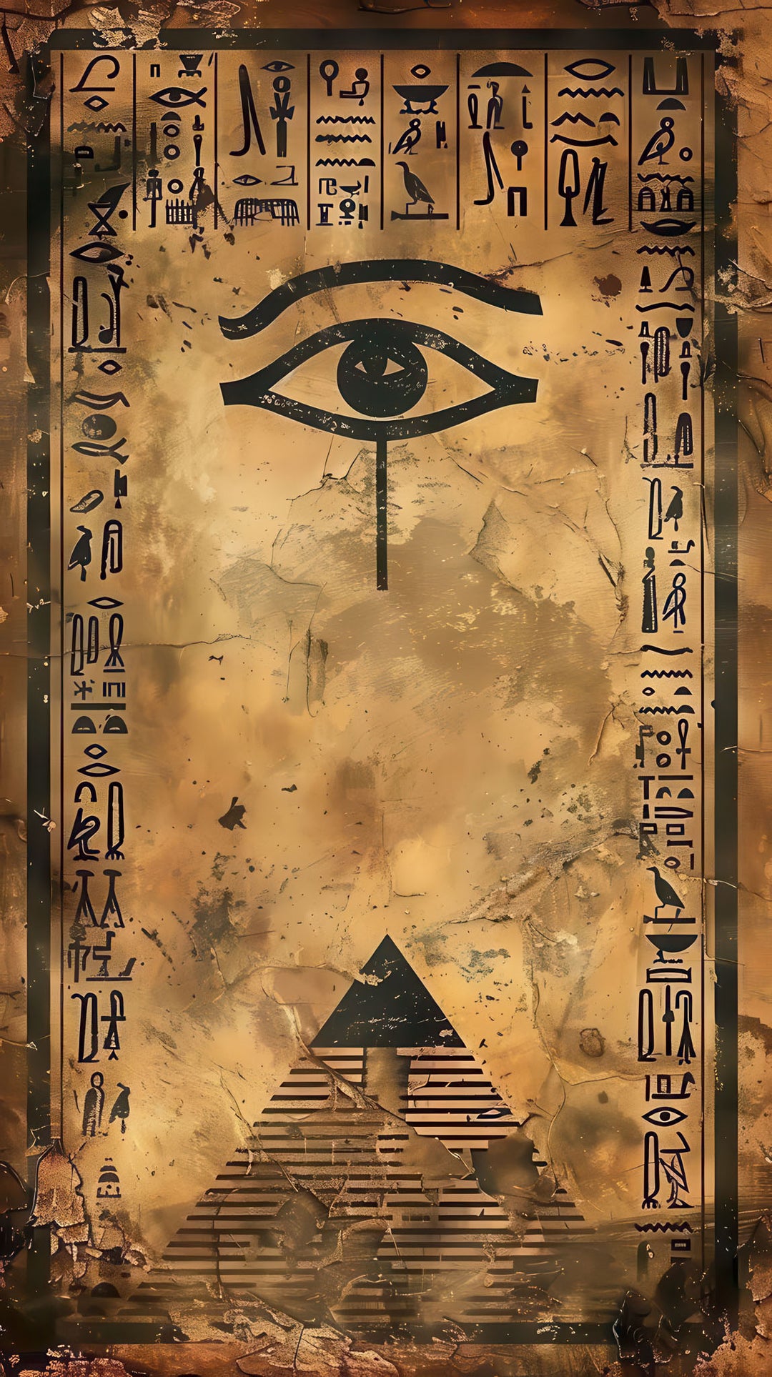 Eye of Horus and Pyramid ancient Egyptian canvas wall art with hieroglyphs and parchment textures