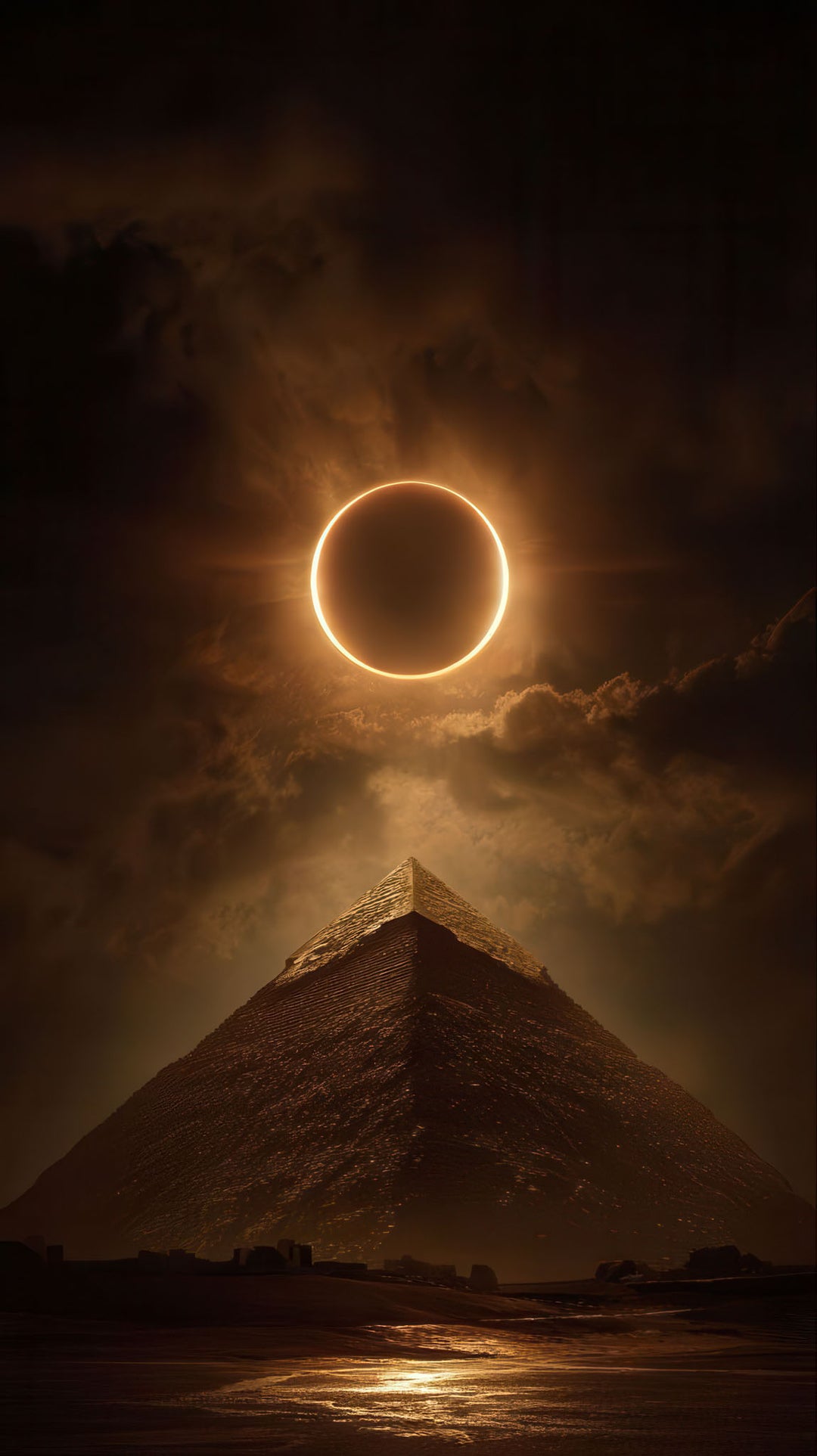 Solar eclipse above ancient pyramid canvas wall art with glowing light and mystical atmosphere
