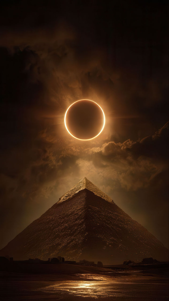 Solar eclipse above ancient pyramid canvas wall art with glowing light and mystical atmosphere