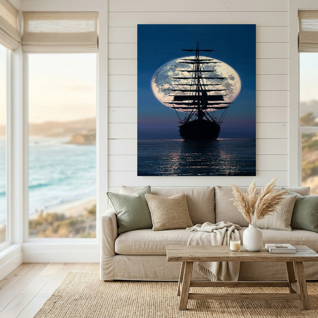 Moonlit sailing ship silhouetted against full moon on canvas wall art with deep blue ocean tones