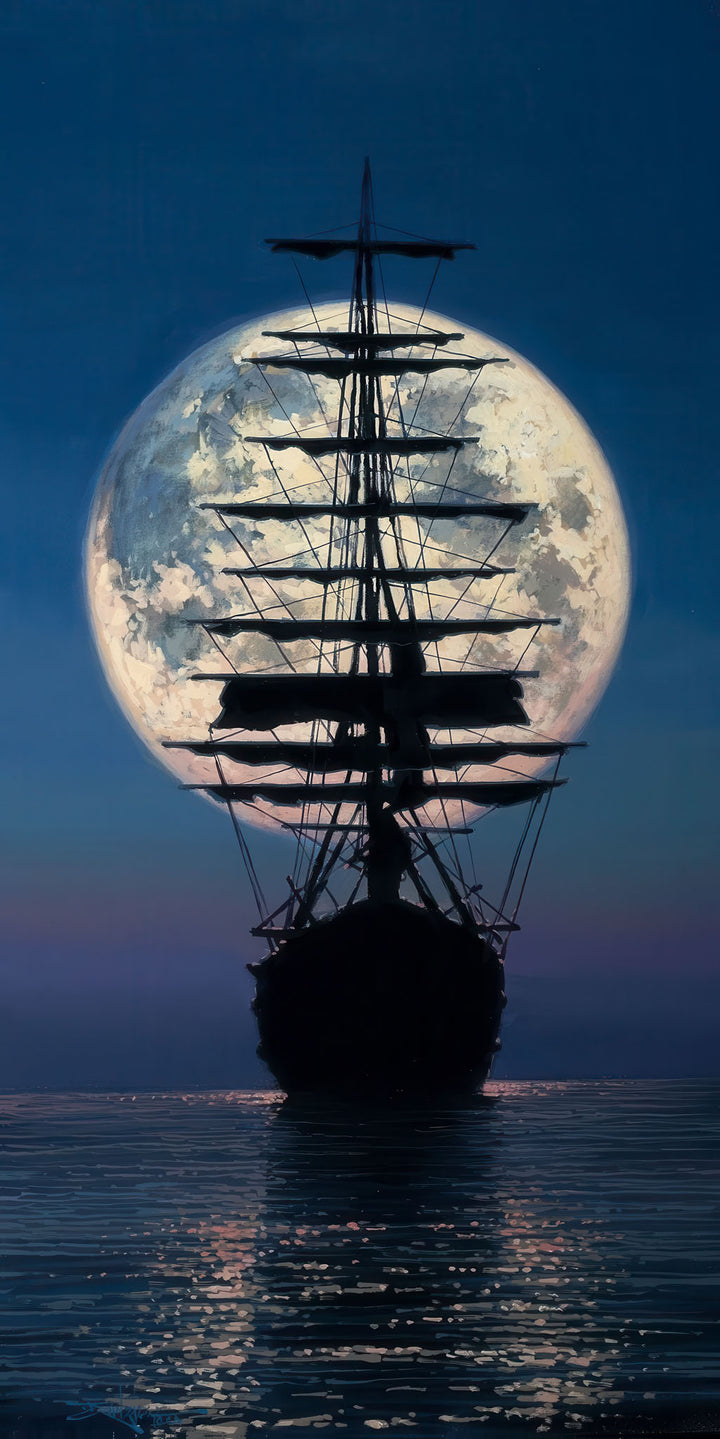 Moonlit sailing ship silhouetted against full moon on canvas wall art with deep blue ocean tones