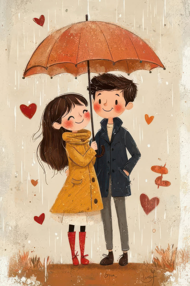 Romantic couple sharing umbrella in rain canvas wall art with warm autumn tones and hearts