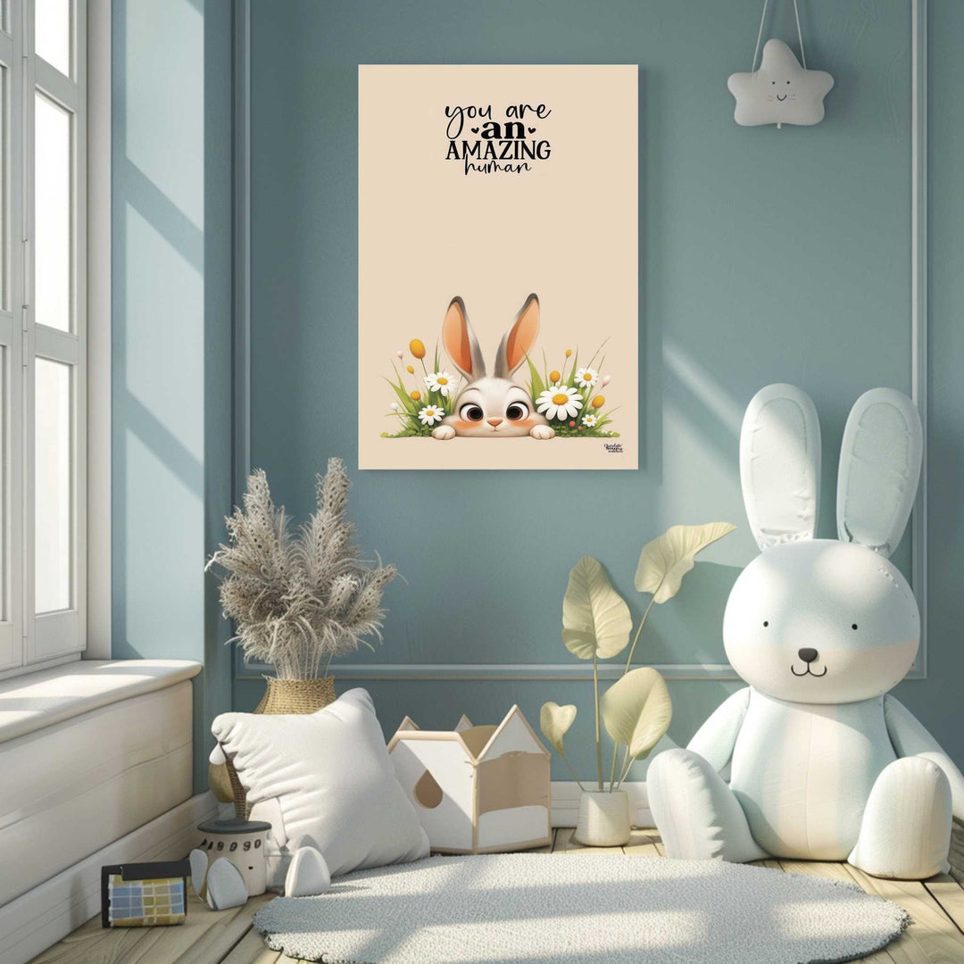 You Are an Amazing Human Bunny Canvas motivational wall art with adorable bunny for kids rooms