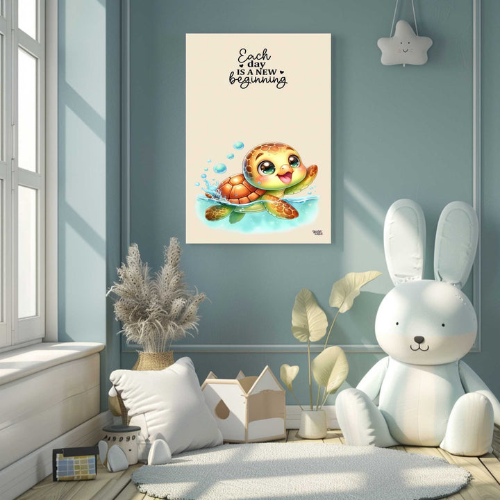 Each Day Is a New Beginning turtle canvas with uplifting quote and warm design