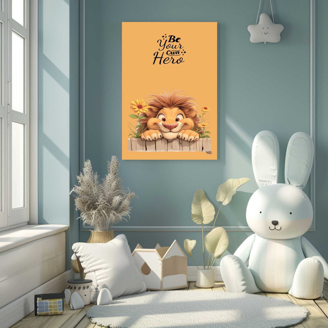 Cheerful lion canvas with "Be Your Own Hero" motivational quote on premium MDF frame