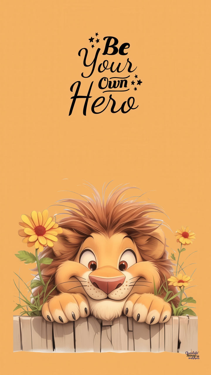 Cheerful lion canvas with "Be Your Own Hero" motivational quote on premium MDF frame