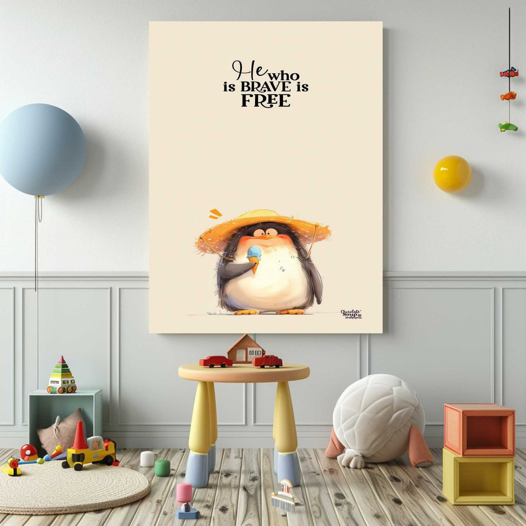 He Who Is Brave Is Free whimsical penguin canvas art for kids room decor