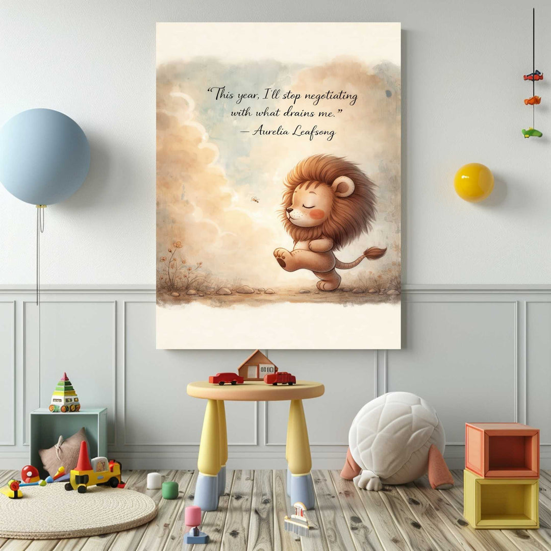Inspirational lion canvas art with "This Year I'll Stop Negotiating" quote for calming home decor