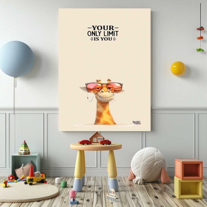 Stylish giraffe in sunglasses on "Your Only Limit Is You" motivational canvas with MDF frame and glass front