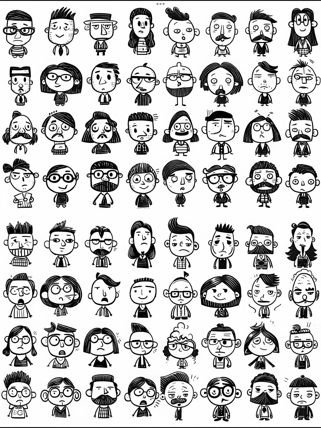 Black-and-white cartoon faces illustration on canvas titled Different Faces celebrating diversity and expression