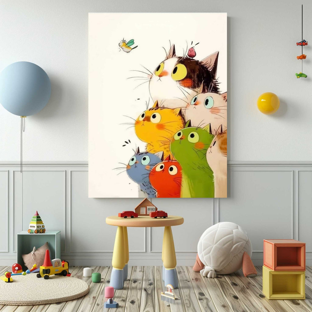 Curious colorful cats canvas wall art with playful multicolored cats in MDF frame