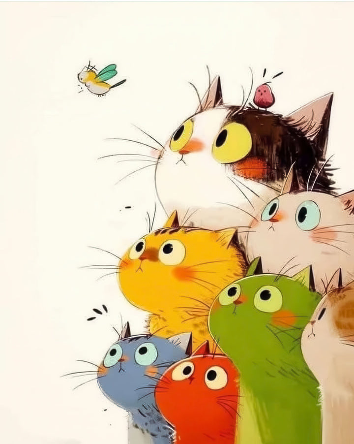 Curious colorful cats canvas wall art with playful multicolored cats in MDF frame