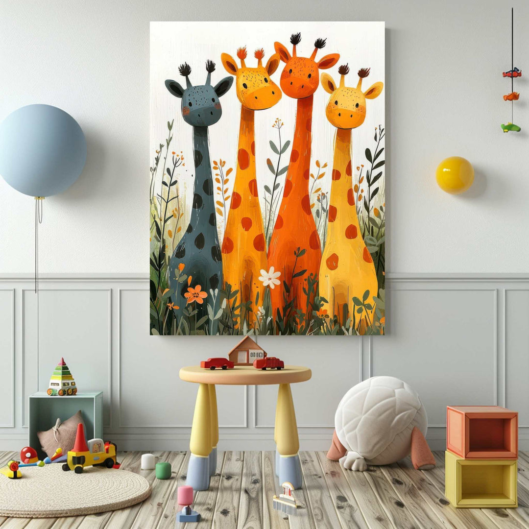Playful giraffe friends canvas wall art for kids rooms with colorful hand-painted style