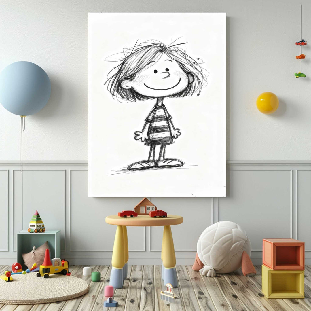 Minimalist cute sketch child canvas with warm smile in black and white