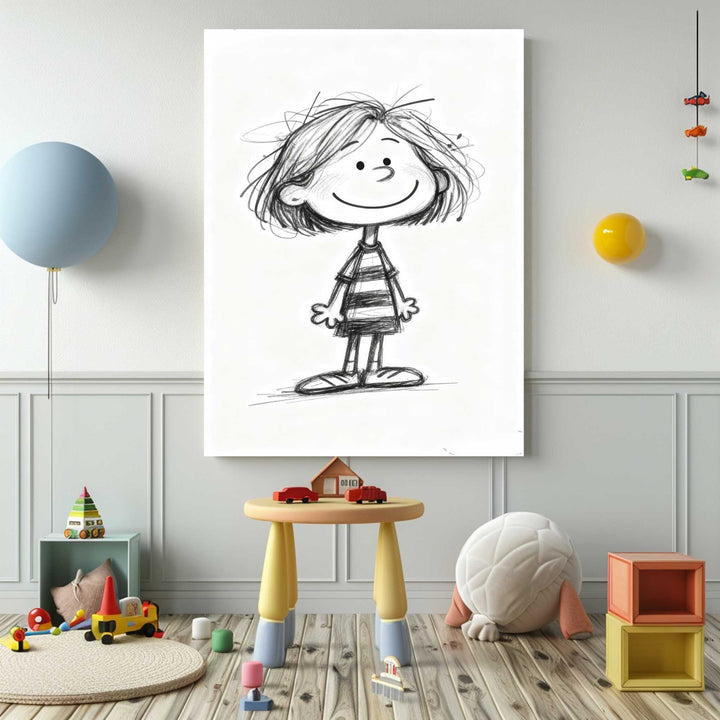 Minimalist cute sketch child canvas with warm smile in black and white