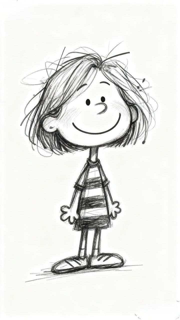 Minimalist cute sketch child canvas with warm smile in black and white