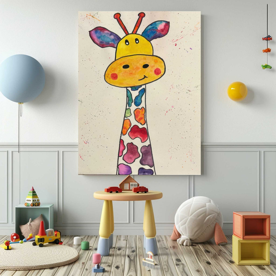 Colorful giraffe kids canvas hand-painted vibrant nursery wall art
