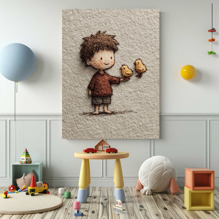 Soft illustration of child gently interacting with birds on Gentle Friendship Kids Canvas in warm earthy tones