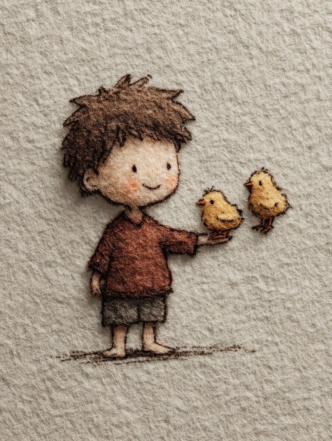 Soft illustration of child gently interacting with birds on Gentle Friendship Kids Canvas in warm earthy tones