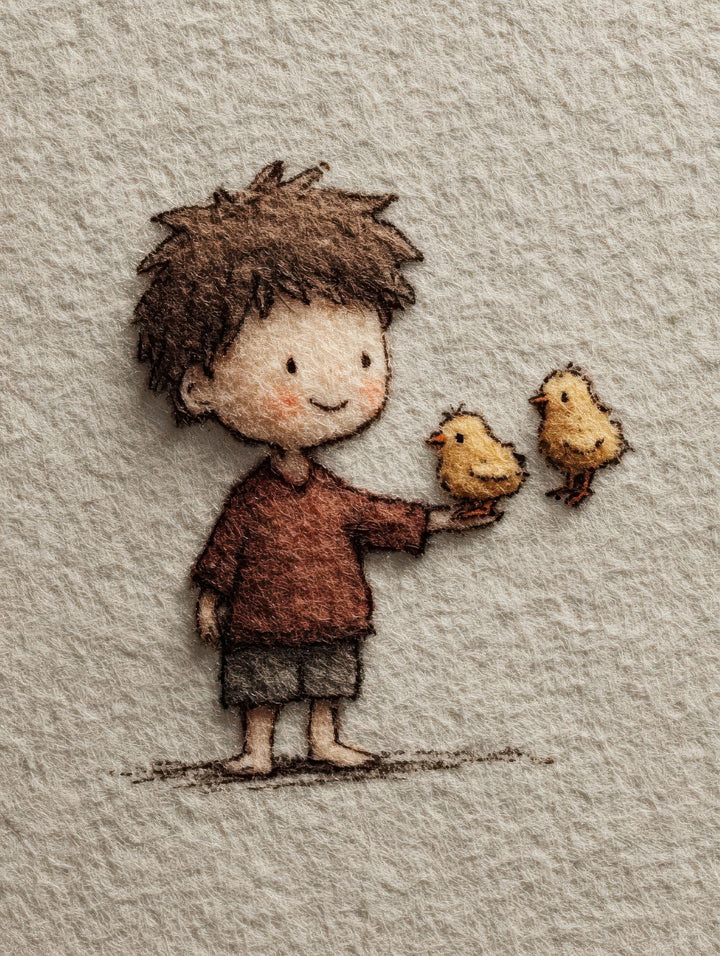 Soft illustration of child gently interacting with birds on Gentle Friendship Kids Canvas in warm earthy tones