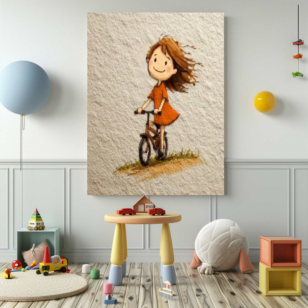 Joyful Ride Canvas Art of a happy girl riding bicycle in warm tones with MDF frame and glass front panel.