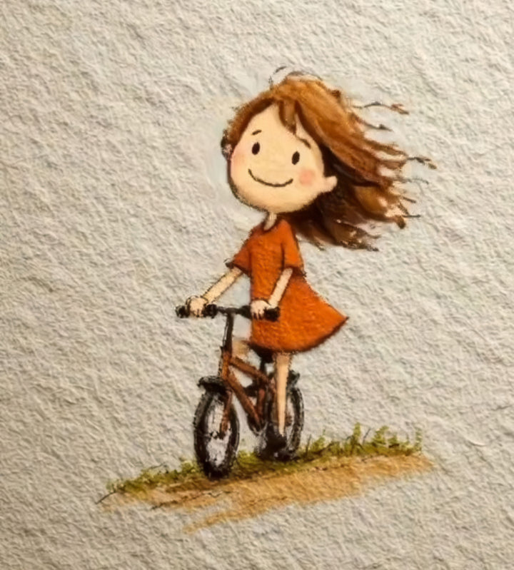 Joyful Ride Canvas Art of a happy girl riding bicycle in warm tones with MDF frame and glass front panel.