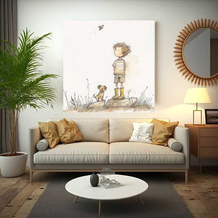 Child & Puppy Adventure Canvas showing child and puppy gazing upward with soft watercolor tones