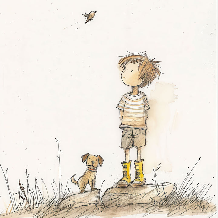 Child & Puppy Adventure Canvas showing child and puppy gazing upward with soft watercolor tones