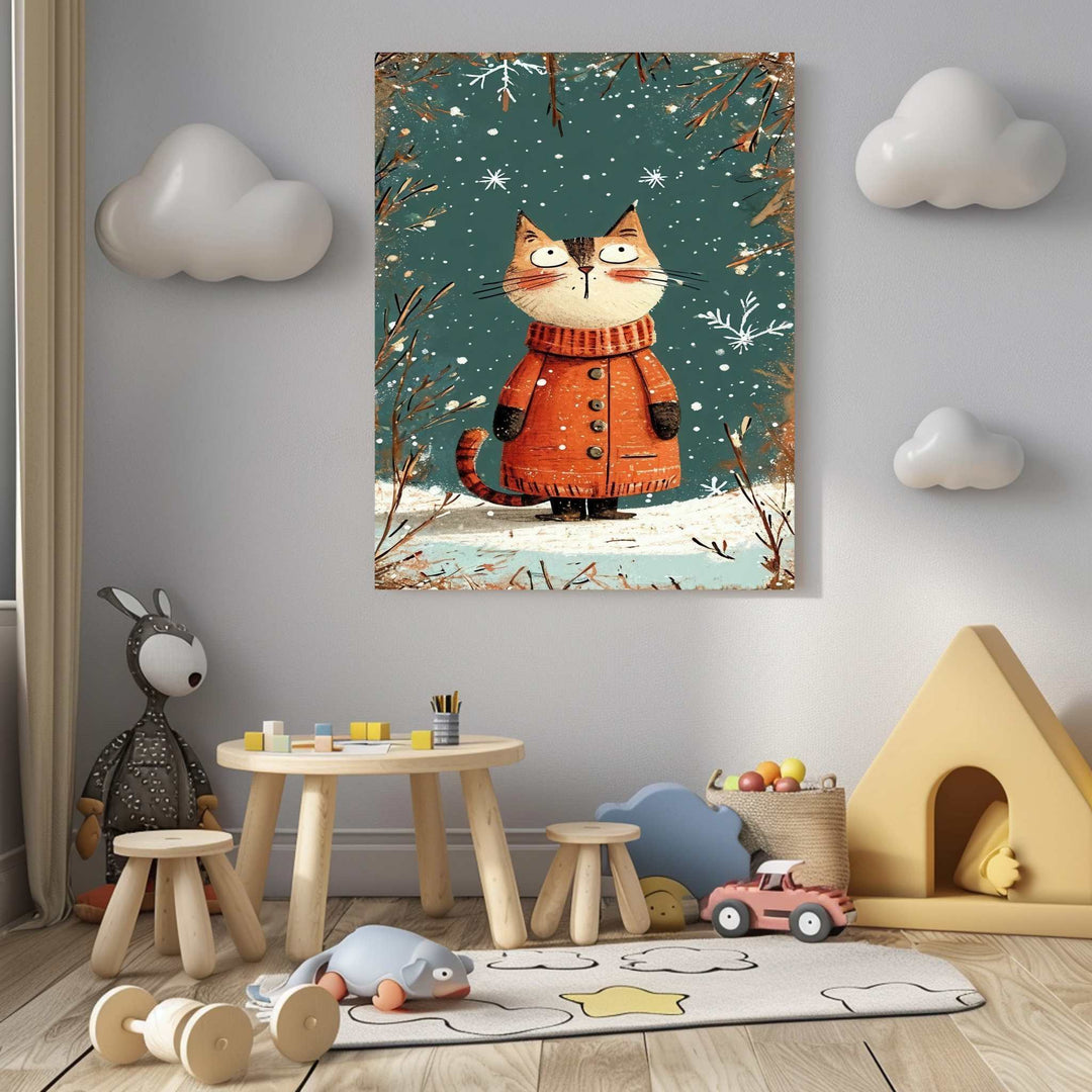 Winter cat canvas art with cozy cat in winter coat, falling snow, and delicate branches in warm tones