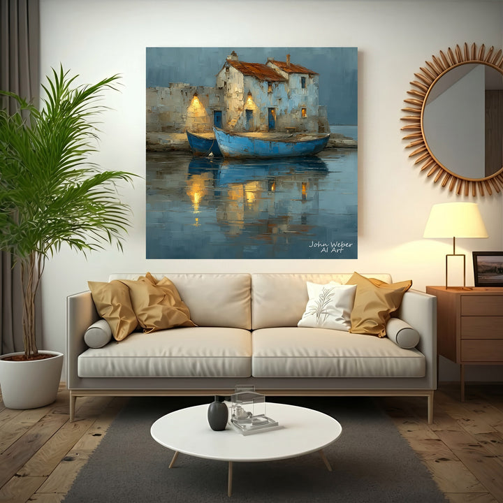 Coastal harbor canvas art showing rustic seaside houses and boats reflected in calm waters with muted blues and warm lights