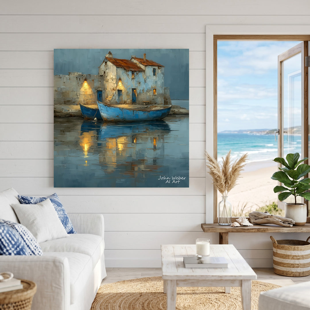 Coastal harbor canvas art showing rustic seaside houses and boats reflected in calm waters with muted blues and warm lights