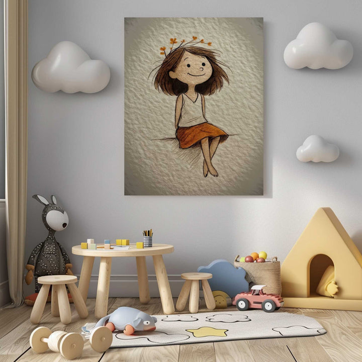 Gentle girl illustration on soft canvas with floral accents in warm neutral tones