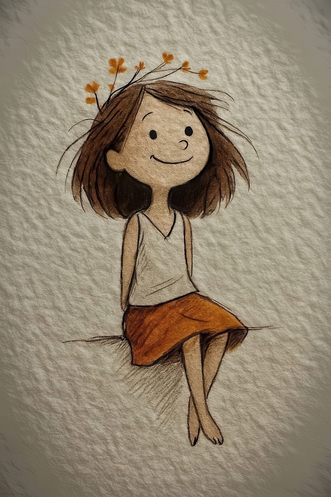 Gentle girl illustration on soft canvas with floral accents in warm neutral tones