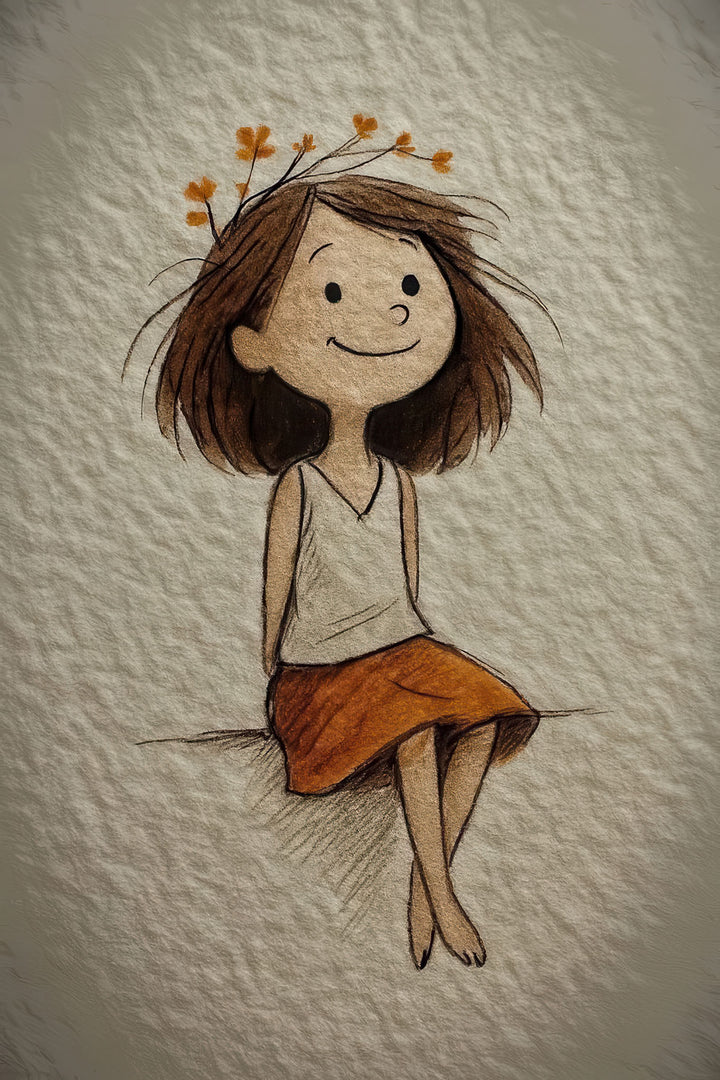 Gentle girl illustration on soft canvas with floral accents in warm neutral tones