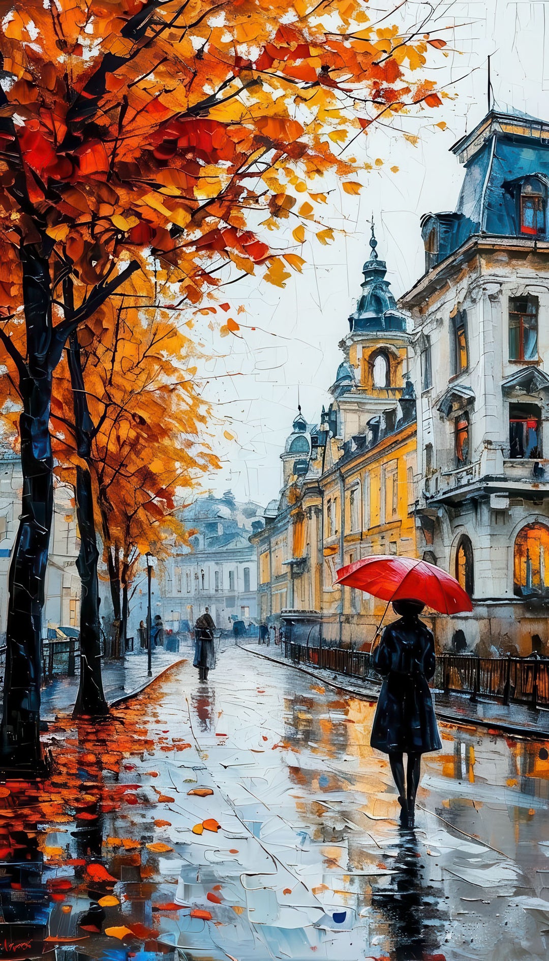 Autumn street canvas art of rainy cityscape with golden leaves and red umbrella in classic architecture setting