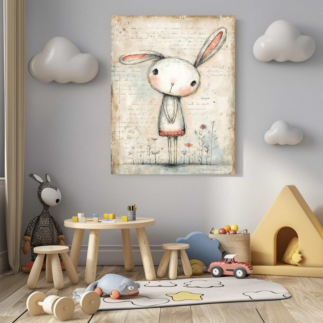Whimsical Bunny Canvas Art featuring a gentle bunny illustration in soft, warm neutral tones on premium canvas with MDF frame and glass front.