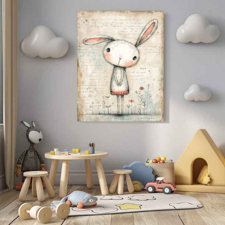 Whimsical Bunny Canvas Art featuring a gentle bunny illustration in soft, warm neutral tones on premium canvas with MDF frame and glass front.