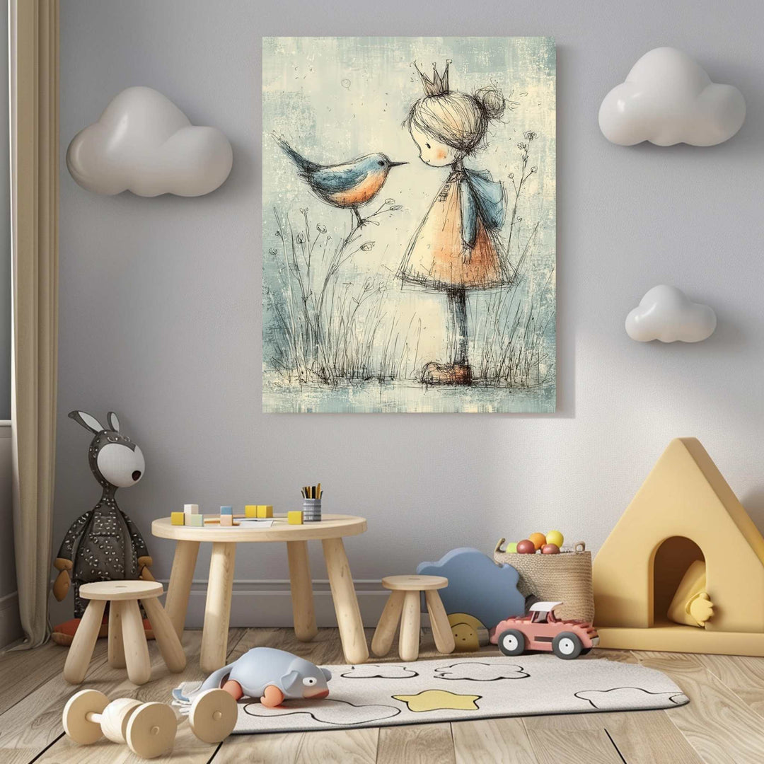 Little Princess & Bird Canvas showing crowned girl with bird in pastel tones for nursery decor