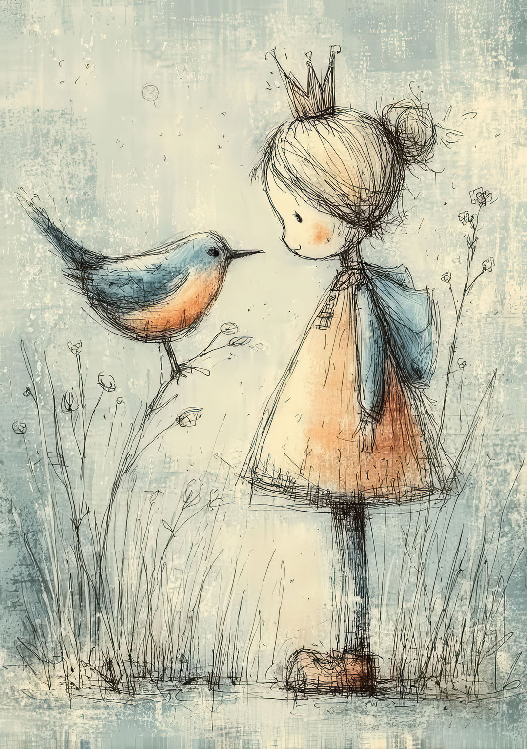 Little Princess & Bird Canvas showing crowned girl with bird in pastel tones for nursery decor