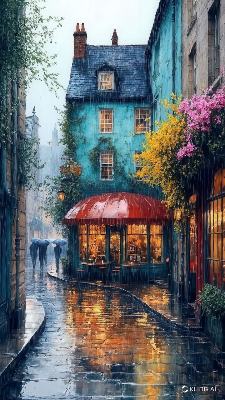 Rainy cafe street canvas art with warm glowing lights and wet cobblestone reflections on a rainy evening