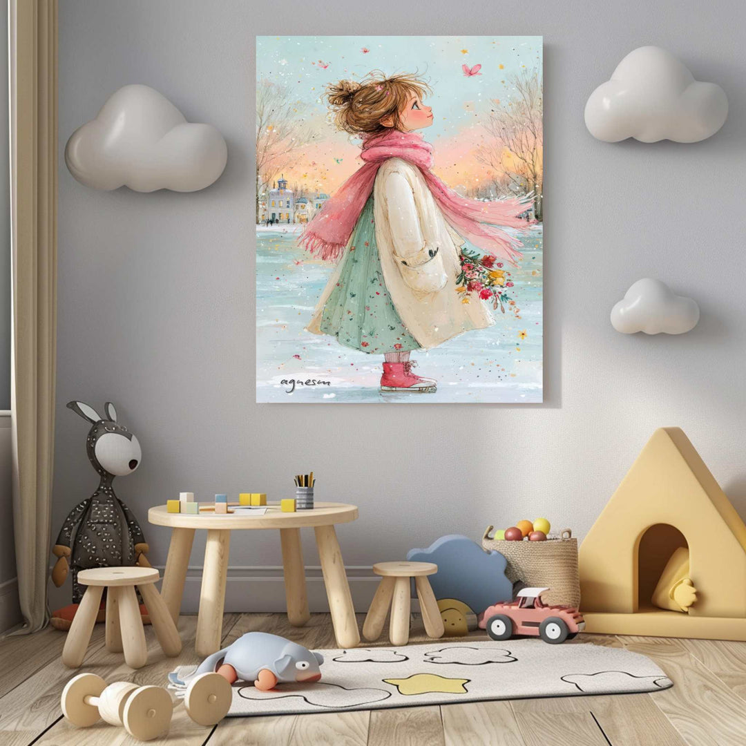 Dreamy Winter Girl Canvas Art of a girl in winter coat with pink scarf and butterflies in pastel tones