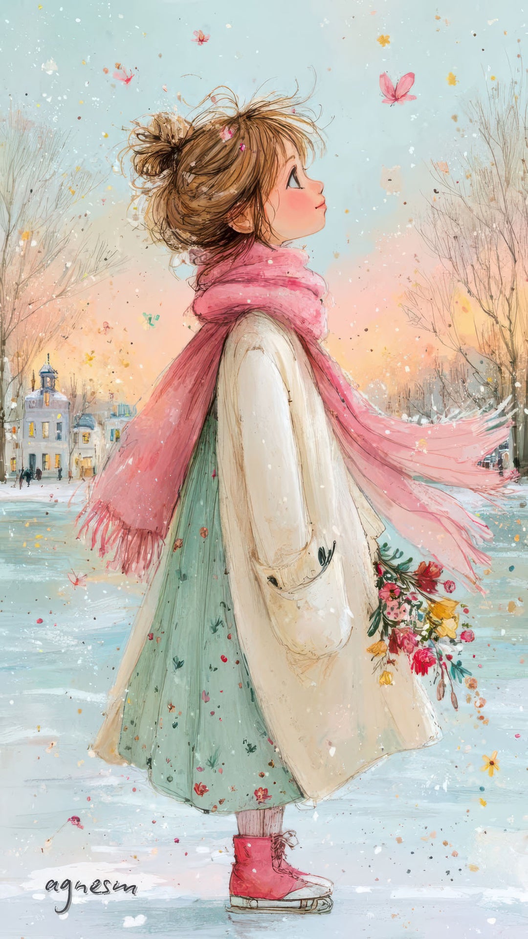 Dreamy Winter Girl Canvas Art of a girl in winter coat with pink scarf and butterflies in pastel tones