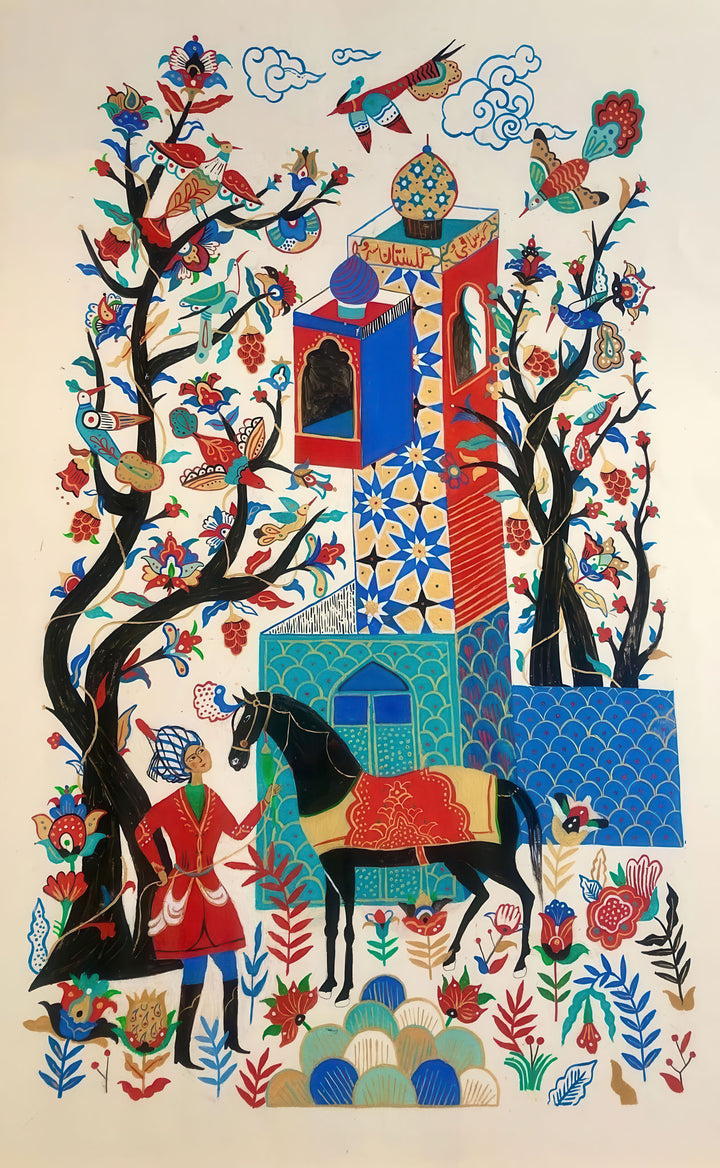 Vibrant Persian Folklore Canvas Art with ornate architecture, blooming trees, birds, and traditional figure on horse in rich colors and intricate patterns.