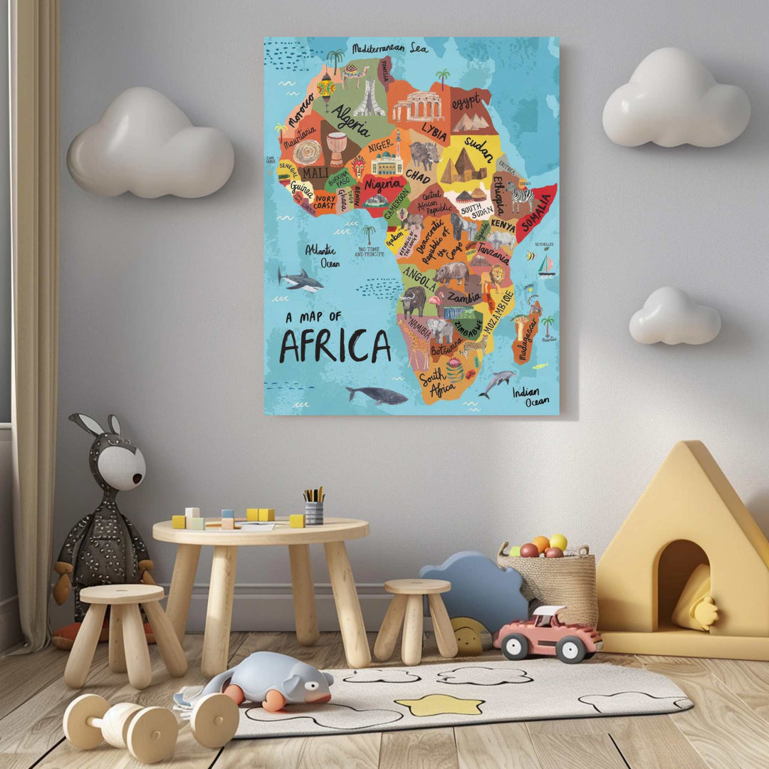 Illustrated Africa map canvas with countries, landmarks, wildlife, and soft colors for kids and classrooms