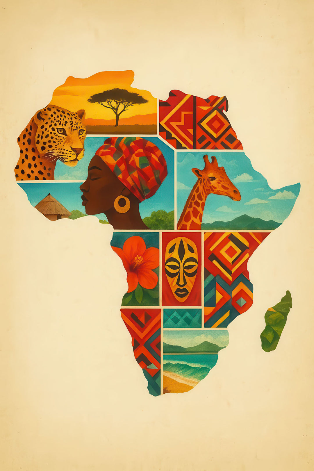 Vibrant African Heritage Canvas Art featuring bold colors, traditional patterns, and wildlife in African continent shape on premium canvas with MDF frame.