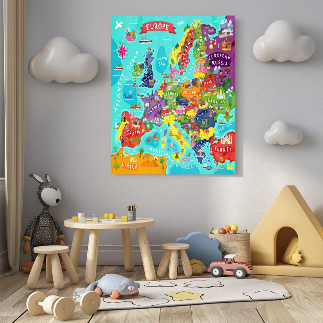Colorful illustrated Europe map canvas with landmarks and playful icons on premium material