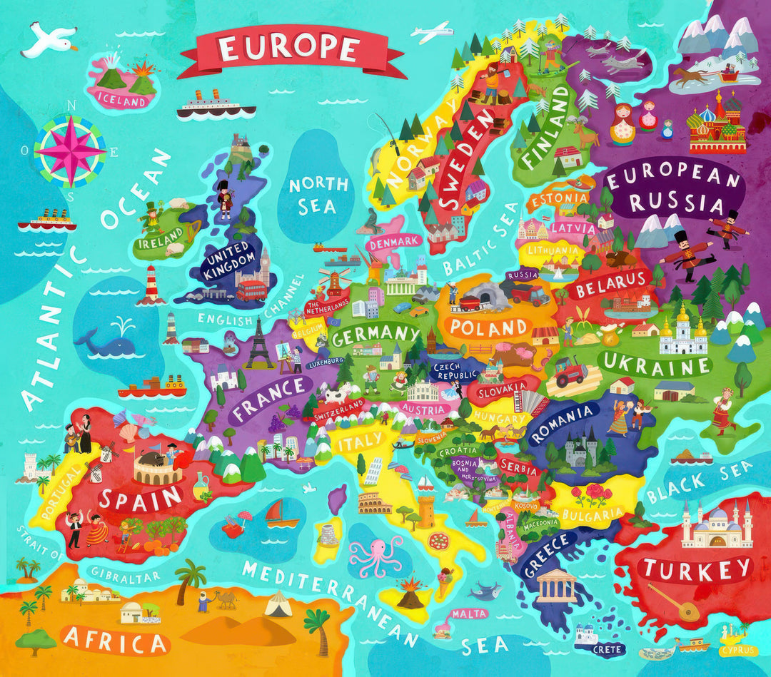 Colorful illustrated Europe map canvas with landmarks and playful icons on premium material
