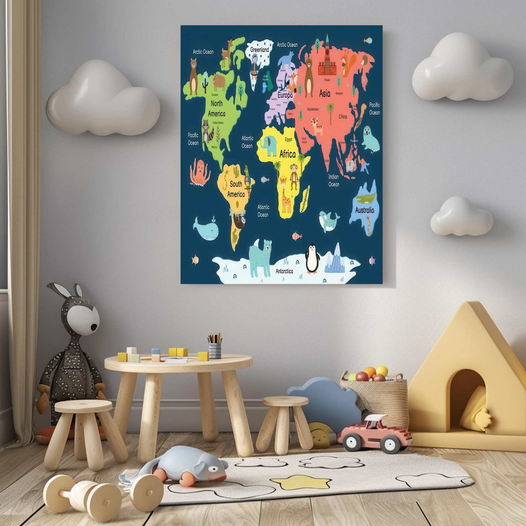 Illustrated world map canvas for kids with colorful continents, oceans, and animals on MDF frame
