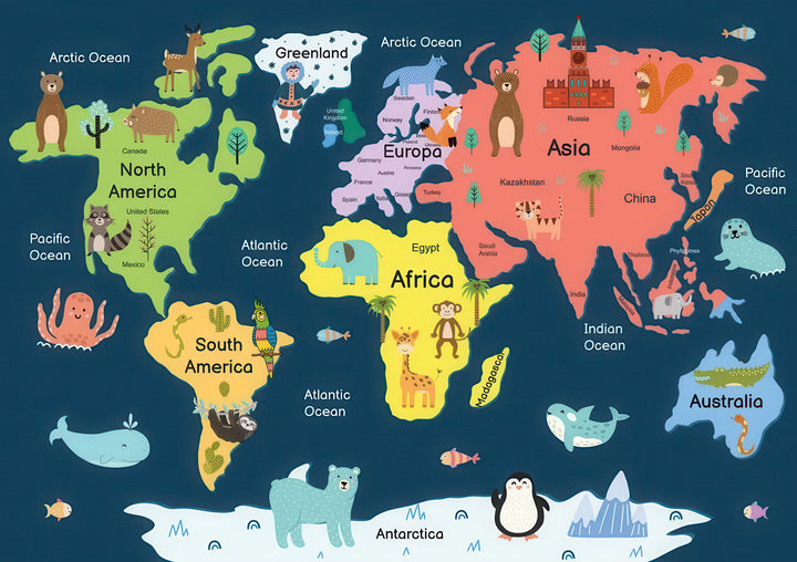 Illustrated world map canvas for kids with colorful continents, oceans, and animals on MDF frame